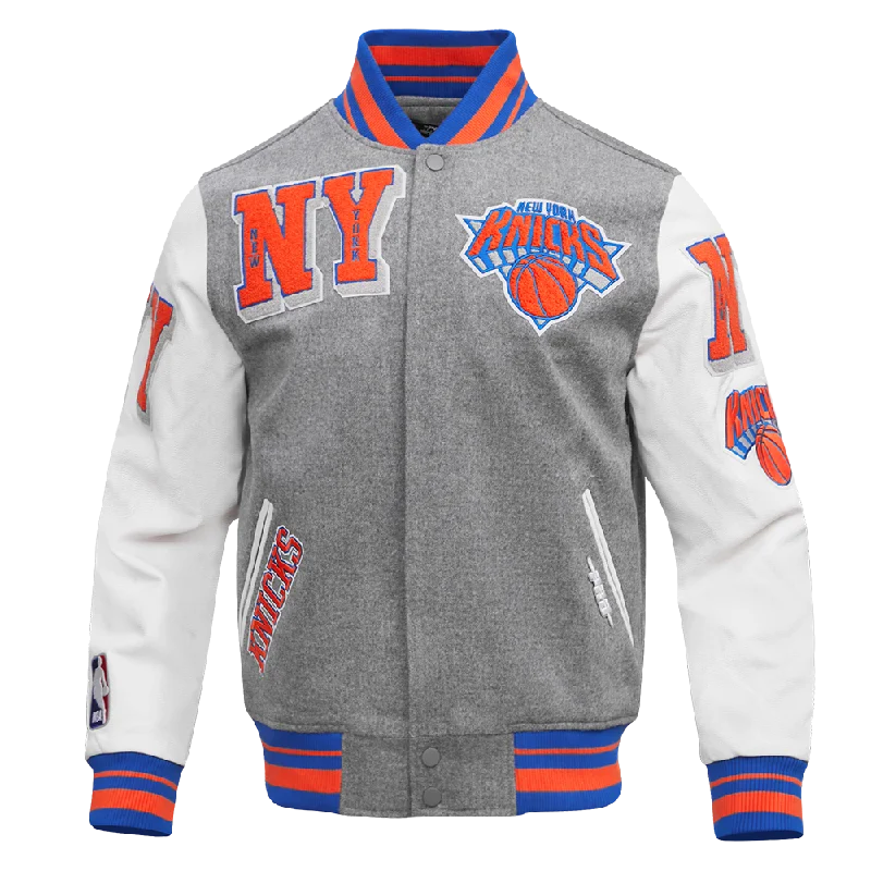 NBA NEW YORK KNICKS MASHUP MEN'S RIB WOOL VARSITY JACKET (HEATHER GREY/ROYAL/ORANGE)