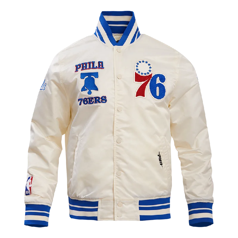 NBA PHILADELPHIA 76ERS RETRO CLASSIC MEN'S RIB SATIN JACKET (EGGSHELL/ ROYAL BLUE)