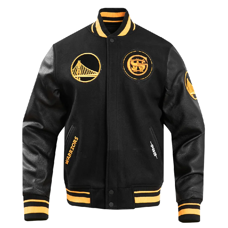 NBA GOLDEN STATE WARRIORS MEN'S CHEST BAY AREA RIB WOOL VARSITY JACKET (BLACK/YELLOW)