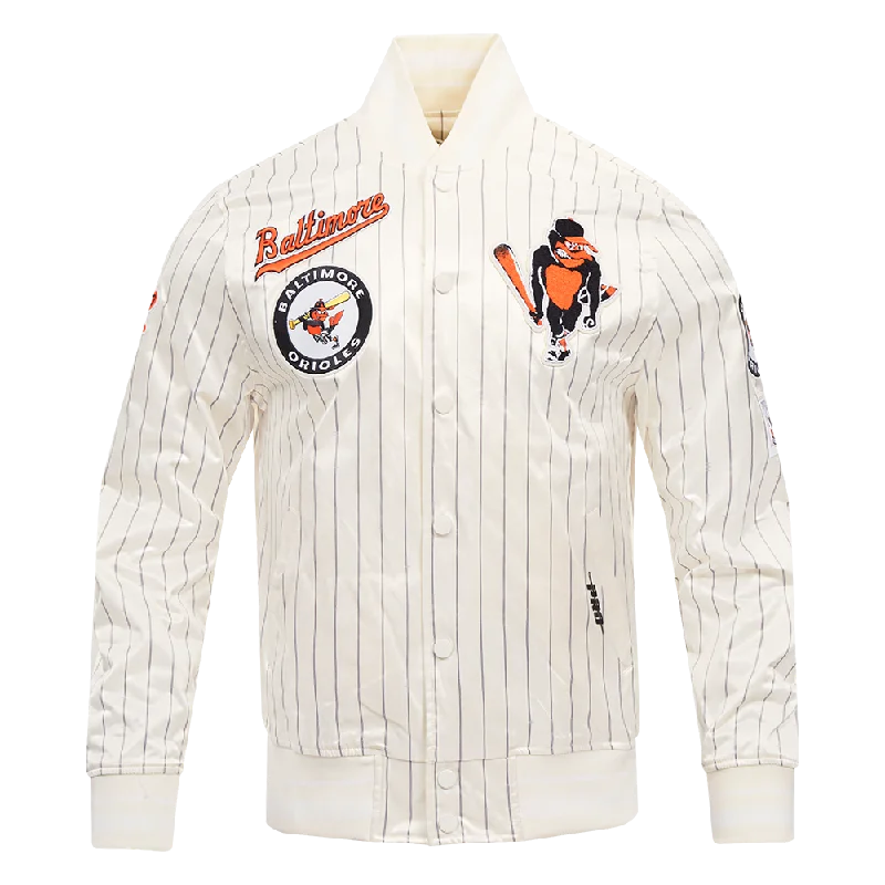 MLB BALTIMORE ORIOLES PINSTRIPE RETRO CLASSIC MEN'S RIB SATIN JACKET (EGGSHELL/ GREY)