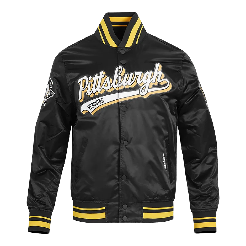 NHL PITTSBURGH PENGUINS SCRIPT TAIL MEN'S SATIN JACKET (BLACK/YELLOW)