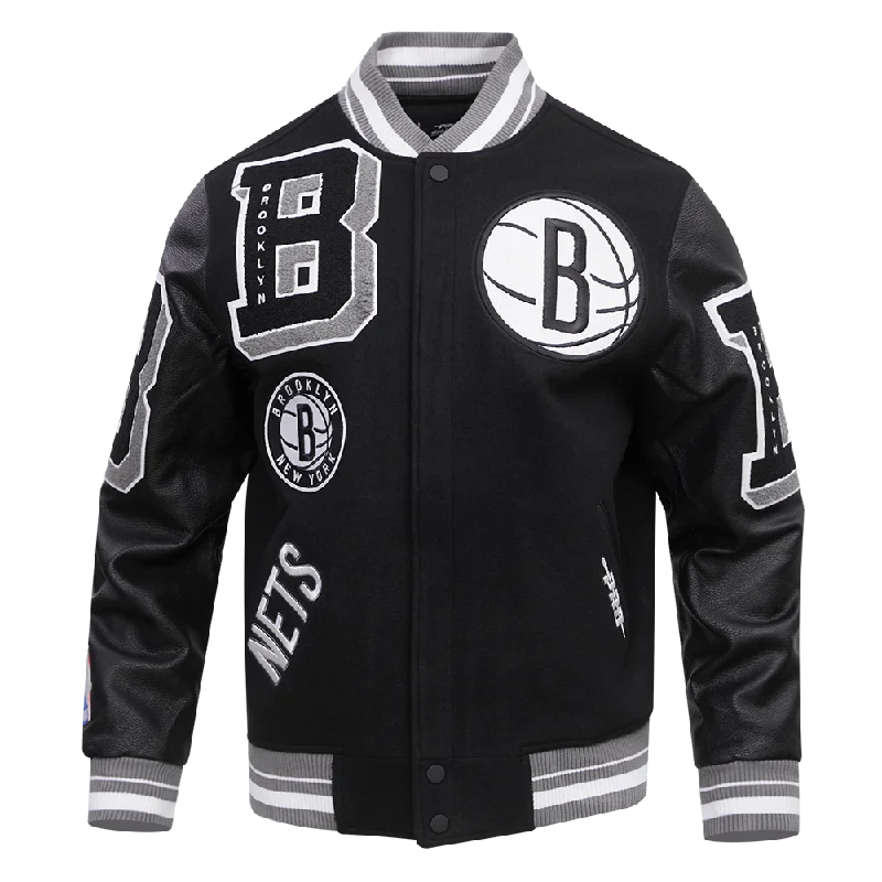 NBA BROOKLYN NETS MASHUP MEN'S RIB WOOL VARSITY JACKET (BLACK/GRAY)