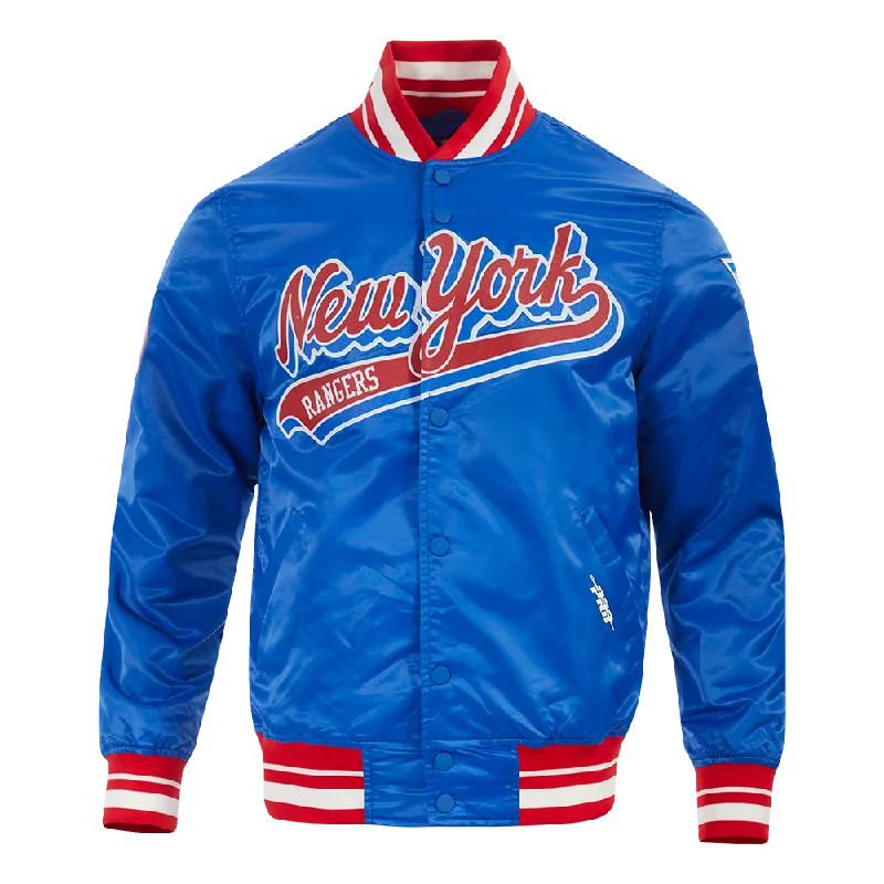 NHL NEW YORK RANGERS SCRIPT TAIL MEN'S SATIN JACKET (ROYAL BLUE/RED)