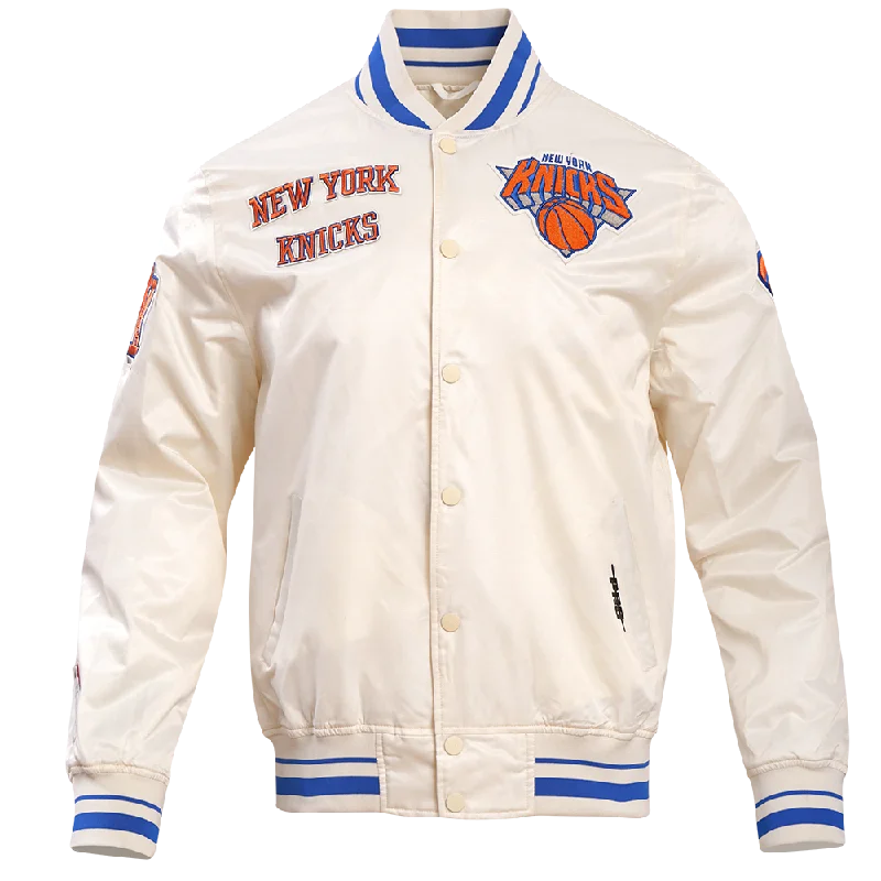 NBA NEW YORK KNICKS RETRO CLASSIC MEN'S RIB SATIN JACKET (EGGSHELL/ ROYAL BLUE)