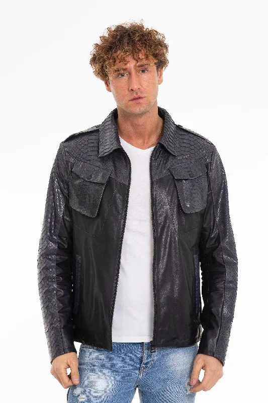 The Agron Pythn Navy Blue Leather Men Jacket