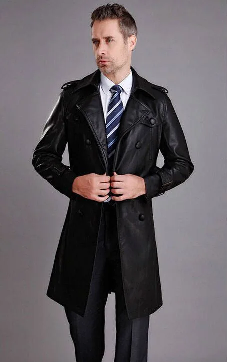 Koza Leathers Men's Genuine Lambskin Trench Coat Real Leather Jacket TM033