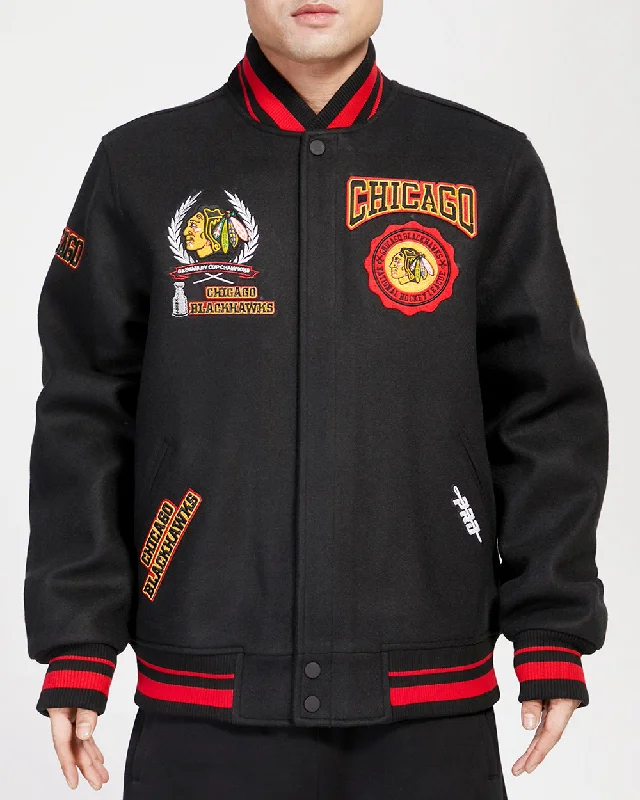 NHL CHICAGO BLACKHAWKS CREST EMBLEM MEN'S RIB WOOL VARSITY JACKET (BLACK/RED/BLACK)