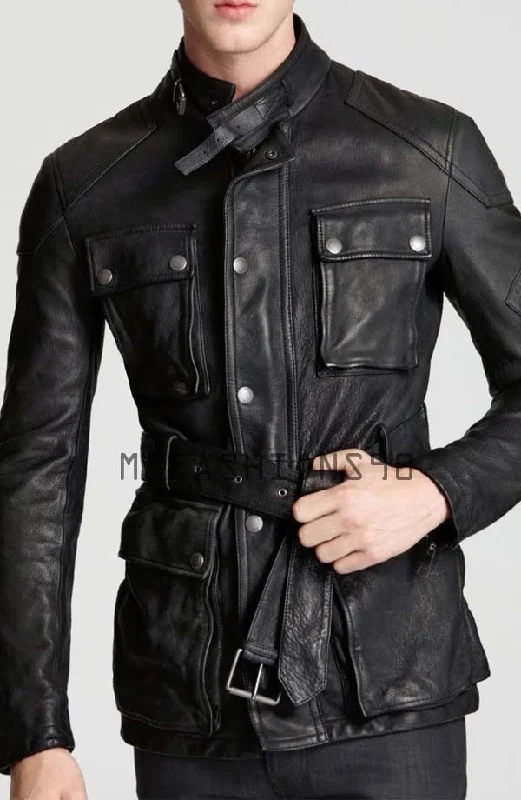 Koza Leathers Men's Genuine Lambskin Trench Coat Real Leather Jacket TM027