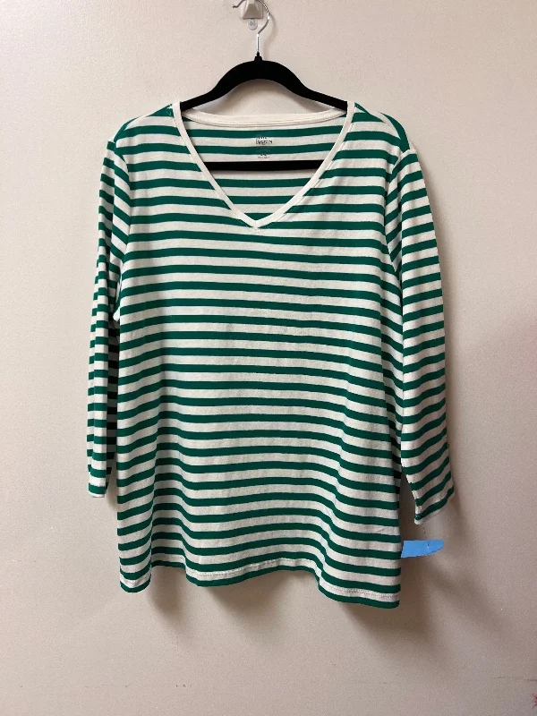 Top Long Sleeve By Kim Rogers In Green & White, Size: 2x