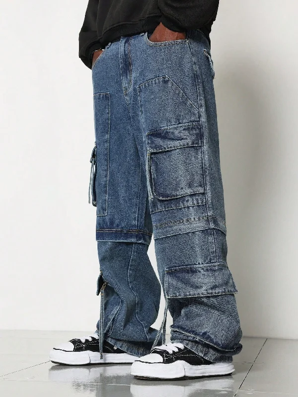 Loose Fit Washed Multi Pocket Cargo Jean With Hidden Zipper Convertible To Short