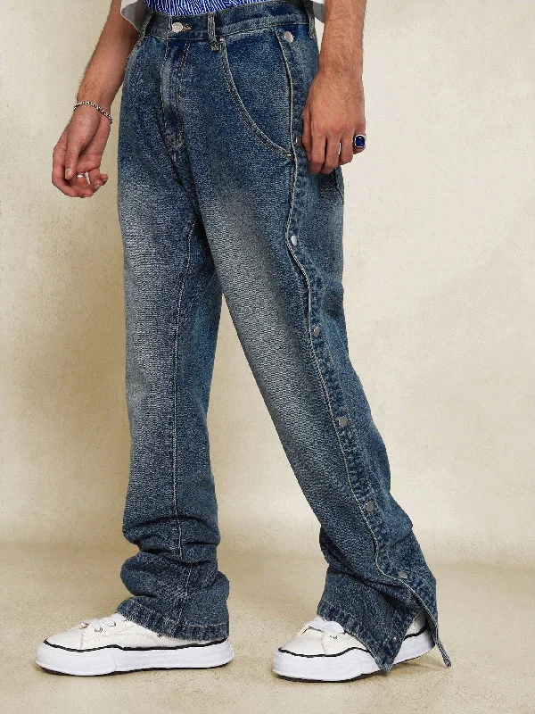 Straight Fit Snap Button Side Split Denim Jean