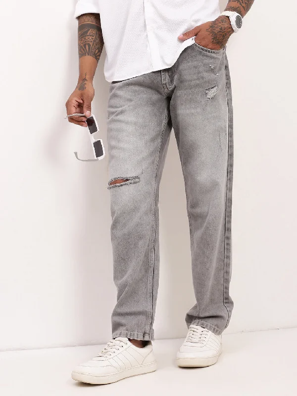 Men Grey Solid Straight Fit Jeans