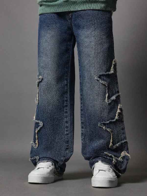 Loose Fit Baggy Raw Edge Hem Jean With Star Applique