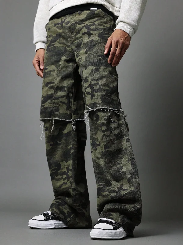 Straight Fit Raw Edge Layered Camouflage Jean