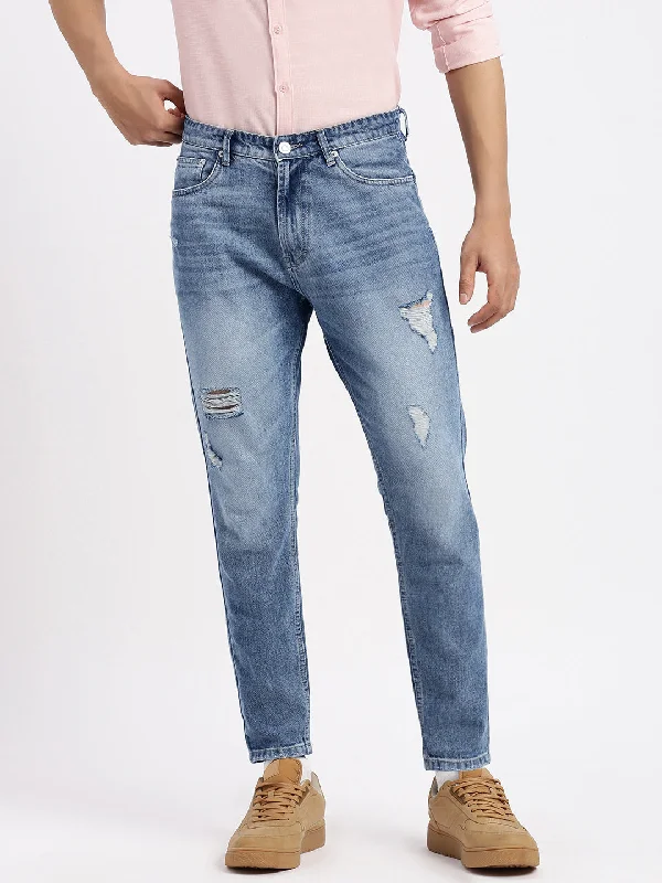 Men Regular Fit Cropped Blue Jeans