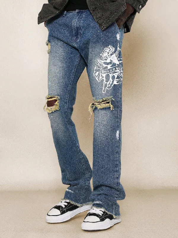 Flare Fit Ripped Denim Jean With Splatter Paint * Angel Graphic Print