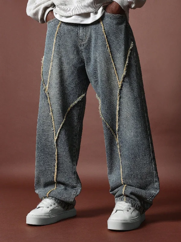 Loose Fit Dirty Wash Jean With Raw Edge Seam Details