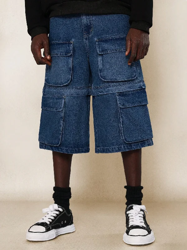 Multi Pocket Cargo Denim Jort With Hidden Zip Convertible To Short