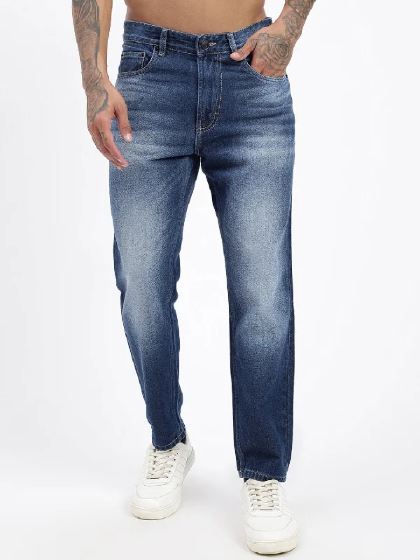 Men Navy Blue Slim Fit Cropped Jeans