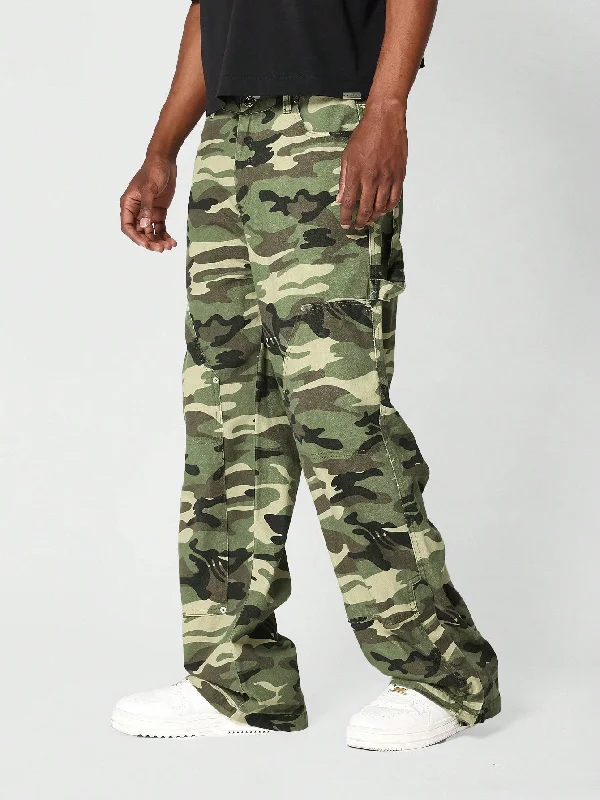 Loose Fit Camo Baggy Carpenter Jeans With Split Hem