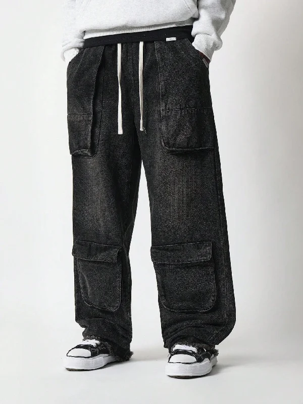 Loose Fit Raw Hem Cargo Jean With Drawcords