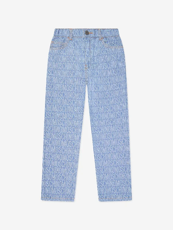 Moschino Boys All Over Logo Jeans in Blue