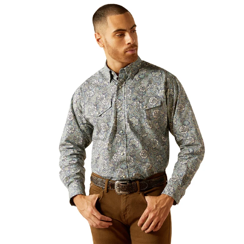 Ariat Men's Rocky L/S Classic Fit Western Snap Shirt in Khaki Mint Paisley