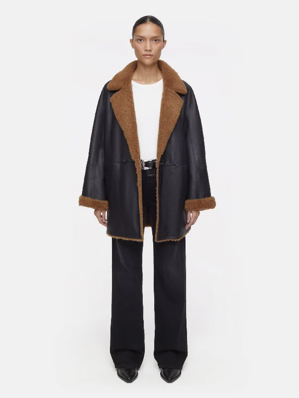 Cappotto Doppio Petto in Shearling Reversibile Marrone