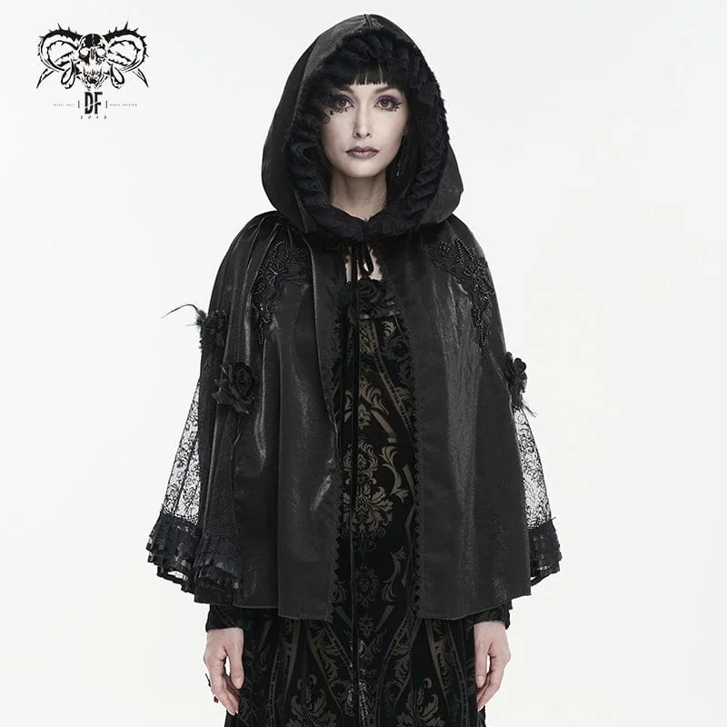 Women's Gothic Floral Embroidered Ruffled Cloak Black