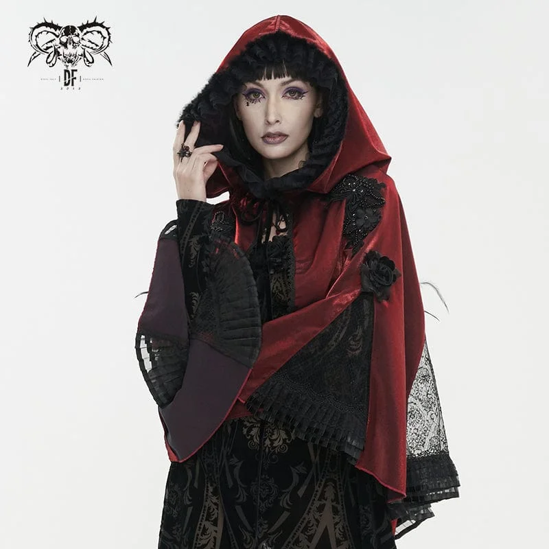 Women's Gothic Floral Embroidered Ruffled Cloak Red