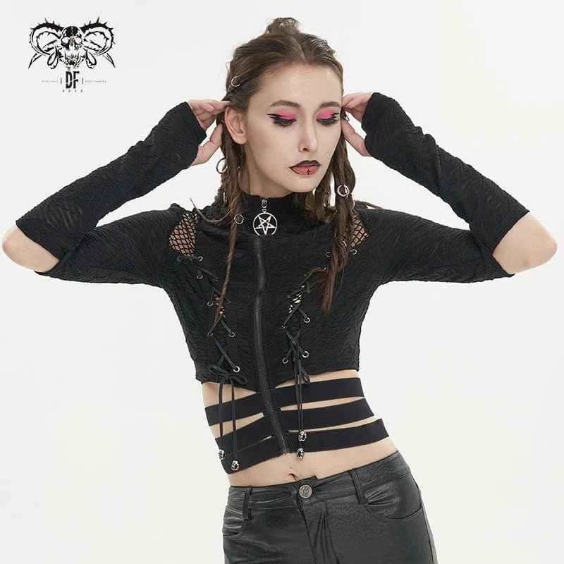 Women's Gothic Ruched Strap Splice Mesh Shirt